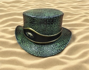 Green Crocodile Texture Leather Dragon Eye Top Hat -   Steampunk Victorian costume hat