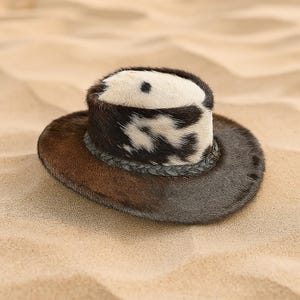 Cowhide-Pattern Women’s Genuine Leather Hat with Braided Band - Brown & White Cowhide Hat, Genuine Leather Fur, Brown White Color  main image 3