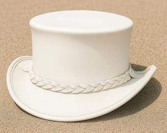 Handmade White Leather Top Hat: Steampunk Cosplay, Victorian Style