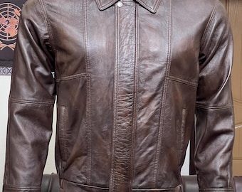 Giacca in pelle marrone da uomo / Capospalla con cerniera in stile vintage / Classico cappotto invernale retrò