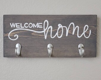 Welcome Home Sign, Wooden Welcome Home Sign, Wood Sign With Hooks, Sign With Key Hooks, Housewarming Gifts, Closing Gift, New Home Gift