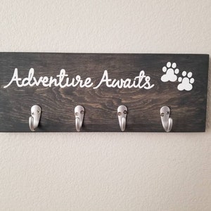 Adventure Awaits Wood Sign With Key Hooks and Leash Hooks, Dog Leash Hanger, Key Rack, Dog Leash Holder, Entryway Organizer image 2
