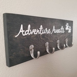 Adventure Awaits Wood Sign With Key Hooks and Leash Hooks, Dog Leash Hanger, Key Rack, Dog Leash Holder, Entryway Organizer image 3