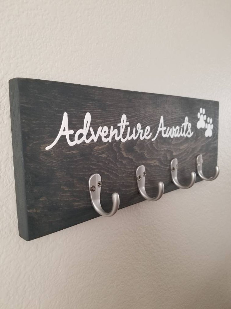 Adventure Awaits Wood Sign With Key Hooks and Leash Hooks, Dog Leash Hanger, Key Rack, Dog Leash Holder, Entryway Organizer image 3