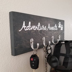 Adventure Awaits Wood Sign With Key Hooks and Leash Hooks, Dog Leash Hanger, Key Rack, Dog Leash Holder, Entryway Organizer image 4