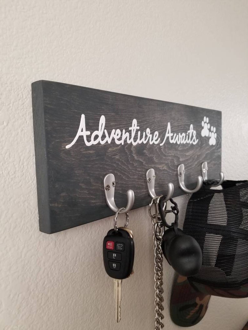 Adventure Awaits Wood Sign With Key Hooks and Leash Hooks, Dog Leash Hanger, Key Rack, Dog Leash Holder, Entryway Organizer image 4