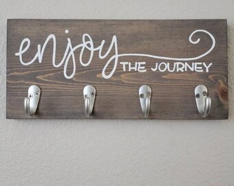 Enjoy The Journey Sign, Wood Sign With Hooks, Entryway Sign, Small Home Decor, Key and Leash Hooks, Gifts Under 50, Hostess Gift