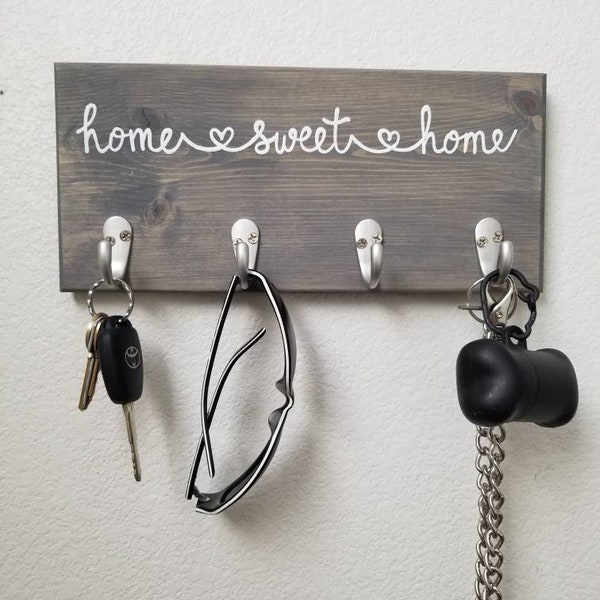 Home Sweet Home Key Hook Sign, Leash Holder, Key Rack, Leash Hanger, Key Hooks, Housewarming Gift, New Home