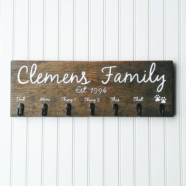 Personalized Family Sign With Key Hooks, Key Holder, Family Established Sign, Family Name Sign, Entryway Decor, Mudroom Decor