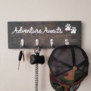 Adventure Awaits Wood Sign With Key Hooks and Leash Hooks, Dog Leash Hanger, Key Rack, Dog Leash Holder, Entryway Organizer image 1