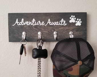 Adventure Awaits Wood Sign With Key Hooks and Leash Hooks, Dog Leash Hanger, Key Rack, Dog Leash Holder, Entryway Organizer