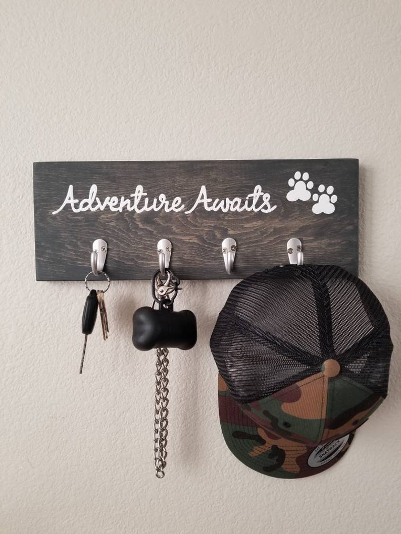 Adventure Awaits Wood Sign With Key Hooks and Leash Hooks, Dog Leash Hanger, Key Rack, Dog Leash Holder, Entryway Organizer image 1