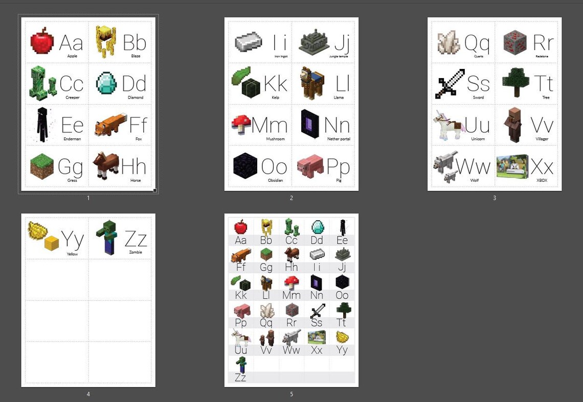 minecraft alphabet cards all card types