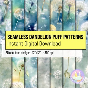 Watercolor Dandelion Puff Seamless Pattern Digital Paper | Floral Printable Scrapbook Papers Seamless Flower Patterns | Cool Tones