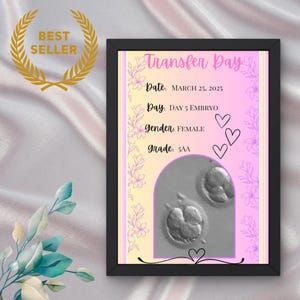 Può includere: Una stampa incorniciata con uno sfondo rosa e giallo che presenta un'immagine di ecografia in bianco e nero di un embrione. Il testo sulla stampa recita "Transfer Day", "Date: March 25, 2025", "Day: Day 5 Embryo", "Gender: Female", e "Grade: 5AA".