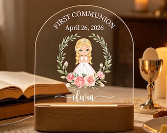 Gepersonaliseerde eerste communie nachtlampje voor meisje, aangepaste naam doop ledlamp, religieus cadeau, decor christelijk kinderdagverblijf, aandenkenlicht