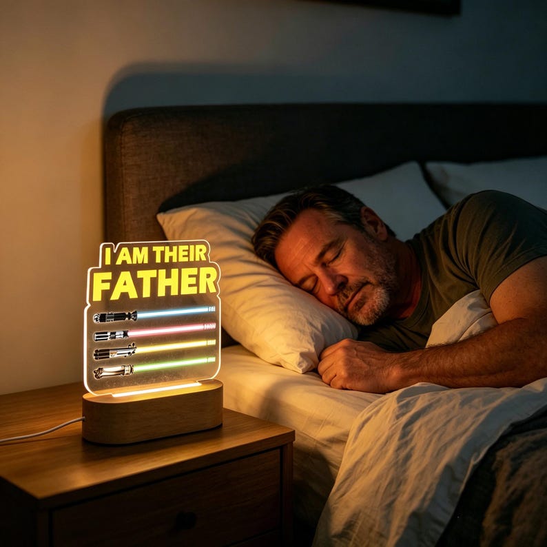 May include: A night light with the text "I AM THEIR FATHER" and illustrations of lightsabers. The light has a wooden base and a clear acrylic panel with the text and lightsaber designs. The lightsabers glow in various colors. The light is on a nightstand next to a bed.