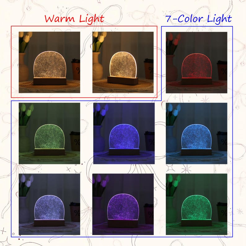 May include: A decorative LED night light with a textured, semi-circular design. The light is shown in various colors, including warm white and a 7-color spectrum, resting on a dark wooden base. The image shows the light in different settings.
