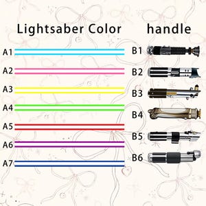 May include: A chart displaying lightsaber color options and handle designs. The color options include blue, pink, yellow, green, red, purple, and dark blue. The handle designs are numbered B1 through B6, each with a unique appearance.