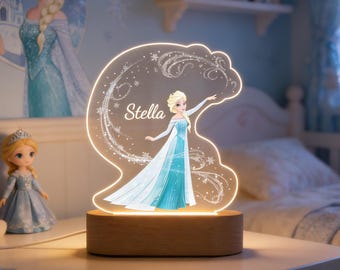 Luce notturna personalizzata di Elsa, lampada a LED ispirata alla Regina dei Ghiacci, decorazione personalizzata per la cameretta dei bambini, regalo di compleanno per bambina, magica luce fatata per la cameretta dei neonati.