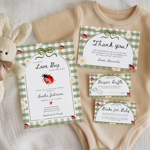 May include: Baby shower invitations and cards with a green gingham pattern, white daisies, and red ladybugs. The invitation reads "A Little Love Bug is on the way!" and includes details for Amelia Johnson's baby shower.