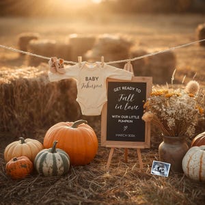 Pode incluir: Anúncio de gravidez com tema de outono com um body de bebê, sapatos e um quadro-negro. O quadro diz "Get Ready to Fall in Love with our Little Pumpkin, March 2026". Abóboras e flores completam a cena de outono.