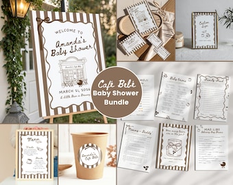 Paquete de Baby Shower de Cafetería Bebé: Plantillas editables para Baby Shower de Cafetería, Juegos para Baby Shower, Bebé en ciernes (Editar en Canva)
