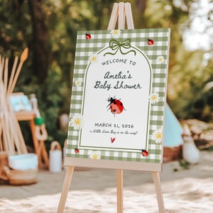 Love Bug on the way Baby Shower Welcome Sign: Editable Ladybug  Welcome Sign, Gingham Garden Spring Template (3 sizes, Edit in Canva) LB1
