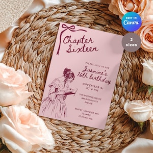 Pode incluir: Um cartão de convite rosa com o texto "Chapter Sixteen" e "Jasmine's 16th birthday". O cartão apresenta uma ilustração de uma mulher lendo e é cercado por flores e um tapete tecido.