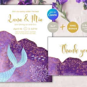 Mermaid Joint Birthday Invitation Under the Sea Minimal Double Birthday Invites Siblings Dual Girls Party Purple Editable Instant Download