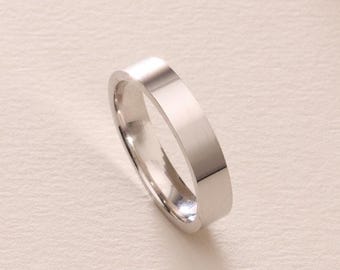 Solid White Gold Flat Wedding Band 4MM – Polished White Gold Wedding Ring for Men & Women - 10K, 14K, 18K Comfort Bands with Free Engraving