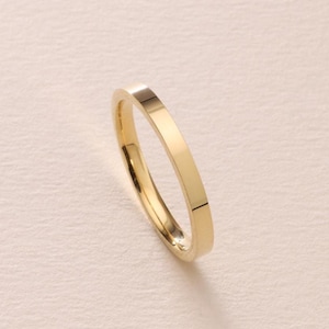Solid Yellow Gold Flat Wedding Band 2MM – 10K, 18K, 14K Polished Yellow Gold Wedding Band for Women - Comfort Fit Ring - Thin Promise Ring