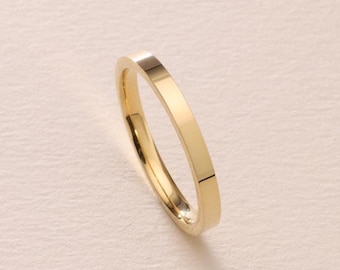 Solid Yellow Gold Flat Wedding Band 2MM – 10K, 18K, 14K Polished Yellow Gold Wedding Band for Women - Comfort Fit Ring - Thin Promise Ring