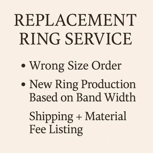May include: A beige background with the text "REPLACEMENT RING SERVICE" in a dark brown serif font. Bullet points list "Wrong Size Order" and "New Ring Production Based on Band Width".