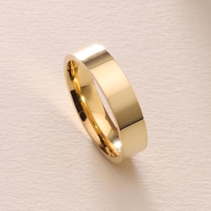 Solid Gold 5MM Flat Wedding Band Polished – 10K, 18K, 14K Yellow Gold Wedding Band for Men - Comfort Fit Plain Ring, Flat Band Promise Ring