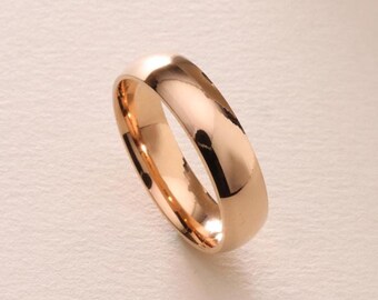 Solid Rose Gold Dome Wedding Band 5mm – 10K, 18K, 14K Polished Rose Gold Wedding Rings with Free Engraved - Comfort Fit Domed Ring for Men