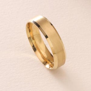 Matte Gold Bevel Edge Wedding Band 5MM – 10K, 18K, 14K Solid Yellow Gold Wedding Band for Men - Bevelled Wedding Ring - Comfort Fit Ring