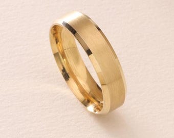 Matte Gold Bevel Edge Wedding Band 5MM – 10K, 18K, 14K Solid Yellow Gold Wedding Band for Men - Bevelled Wedding Ring - Comfort Fit Ring