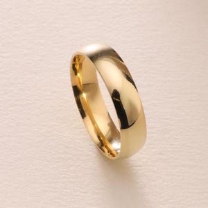 Solid Yellow Gold Dome Wedding Band 5mm – 10K, 18K, 14K Polished Wedding Rings - Comfort Fit Domed Band Ring for Men - Free Engraved Ring