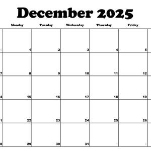 Månadskalender och planerare för december 2025, minimalistisk utskrivbar PDF, direkt digital nedladdning, startar söndag/måndag