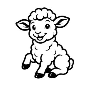 May include: A black and white cartoon illustration of a smiling lamb. The lamb has fluffy white wool, black hooves, and large, expressive eyes. It is sitting with its front legs raised, giving a playful appearance.