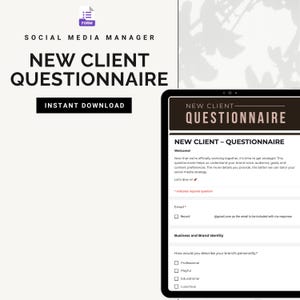 Puede incluir: Un formulario digital para un nuevo cuestionario de clientes. El formulario está en la pantalla de una tableta e incluye un mensaje de bienvenida, una sección para la información de contacto y una sección para la identidad de la marca. El formulario hace preguntas sobre la personalidad de la marca del cliente, incluyendo profesional, juguetón, educativo y lujoso.