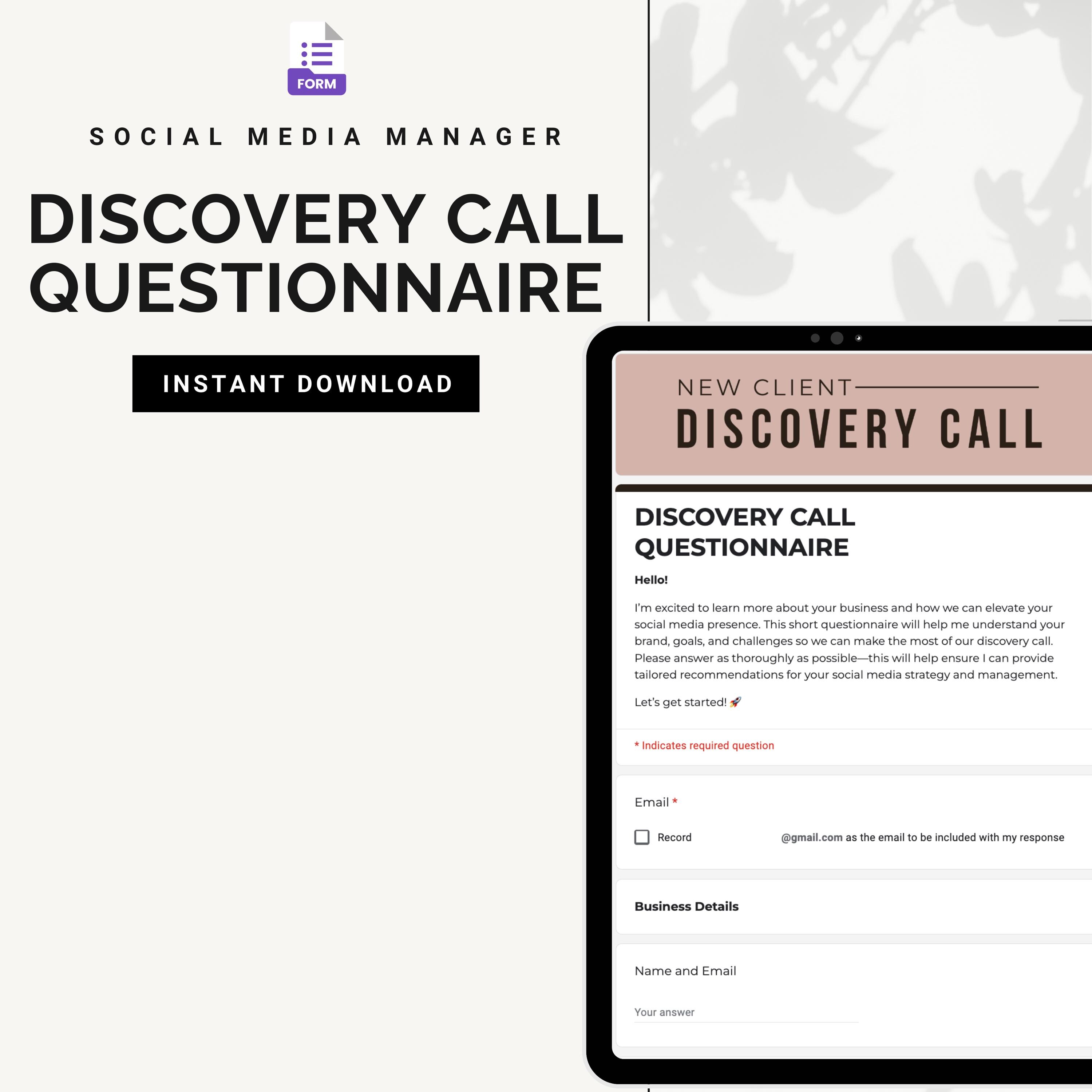 Discovery Questionnaire | Google Forms Template | Social Media Manager | Freelancer