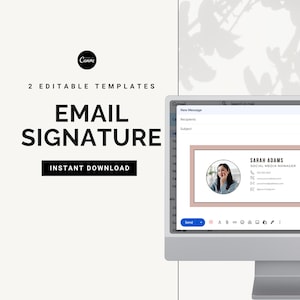 May include: A computer screen displaying a Gmail email with a pink and white email signature template. The signature includes a headshot, name, job title, and contact information. The text on the screen reads "SARAH ADAMS SOCIAL MEDIA MANAGER".