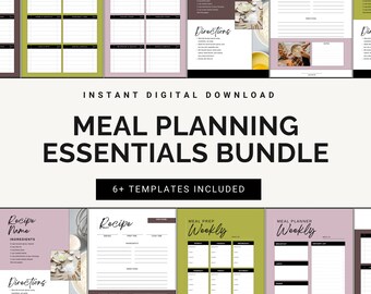 Meal Planning Template Bundle: Weekly Prep, Recipes, Grocery List (Canva, Printable, Digital Download)