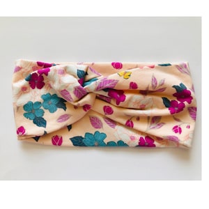 Front Knotted Twist Headband Women Yoga Headband / Pink Floral Print /Boho Headbands / Cotton Jersey Knit Headbands