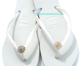 Havaiana Slim Flip Flops Bridal Wedding Swarovski Crystal Flower Gold or Silver all sizes