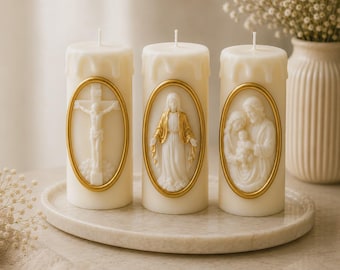 Sacred Catholic Pillar Candle, Virgin Mary Holy Family Cross Relief, Religious Altar Baptism Gift