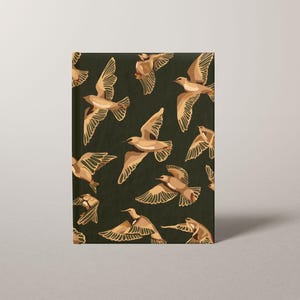 May include: A hardcover journal with a dark green background and a repeating pattern of tan-colored birds in flight. The birds have detailed wing designs and are spread across the cover. The journal is rectangular and stands upright.