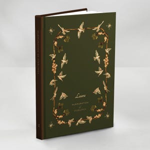 May include: A hardcover book with a dark green cover featuring a decorative border of birds and foliage. The title "Murmuration of Starlings" is printed on the spine and cover, with the author's name "Laura" on the front.